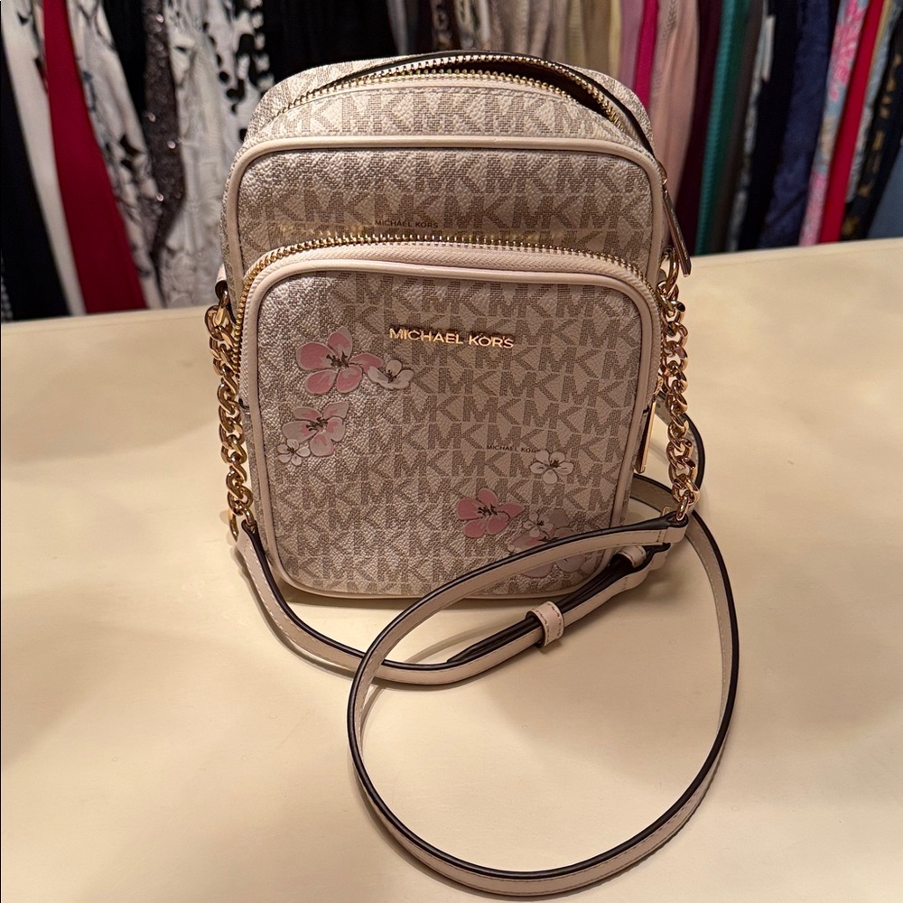 Michael Kors Beige and Pink Floral Crossbody Bag